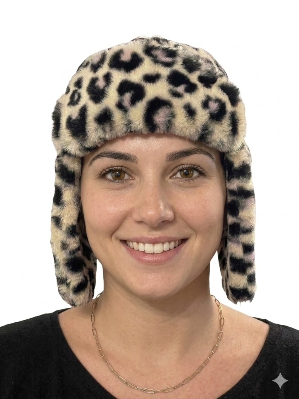Faux Fur Leopard Trap Ear Hat - Beige/Lavender